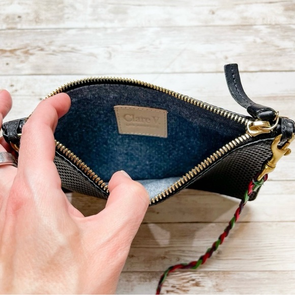 Clare V Wallet Clutch w/Tabs Black Perf and Mini Braided Crossbody Strap - Picture 2 of 7